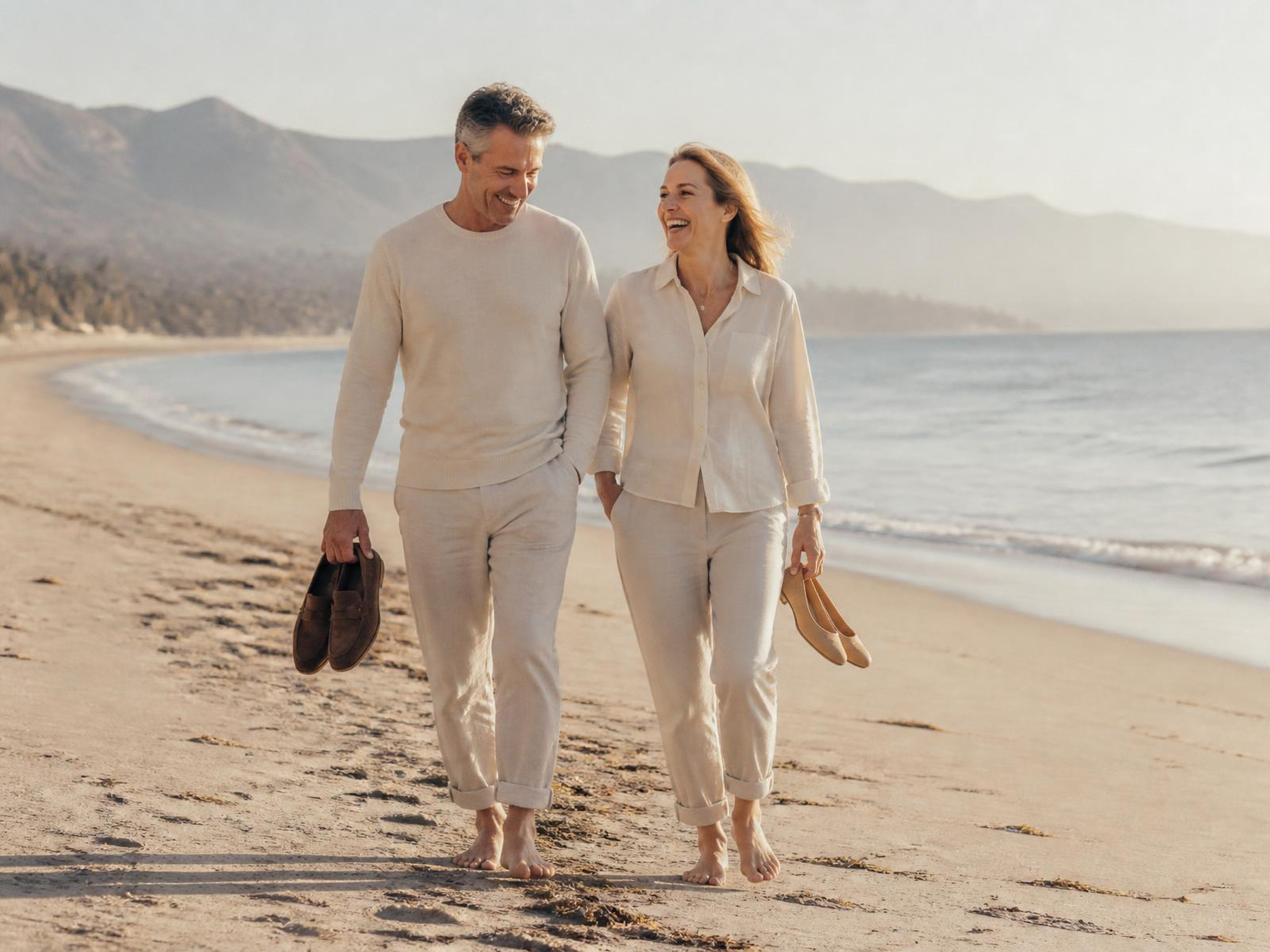 Two people walking together along the shore