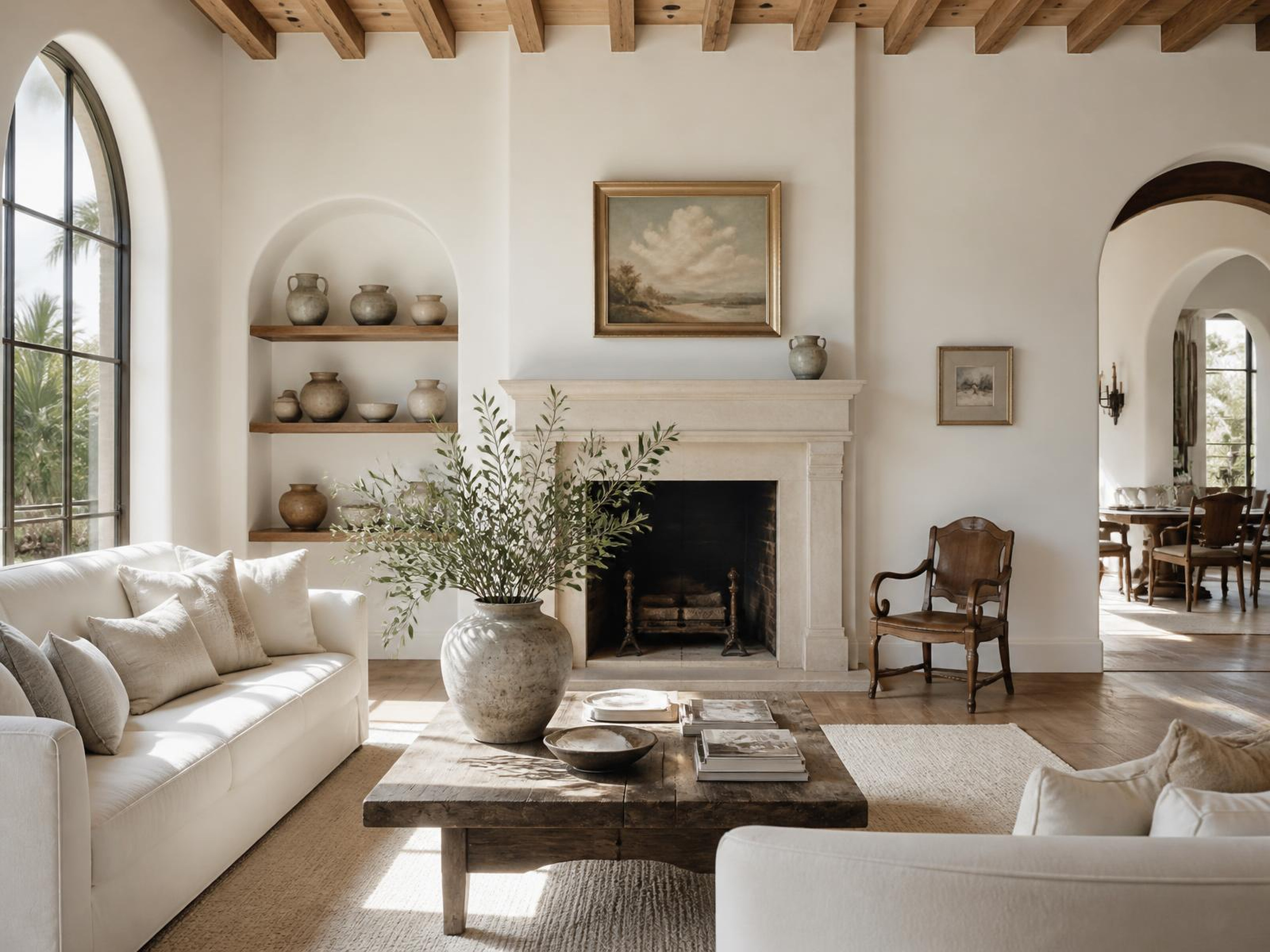 A sunlit minimalist living room with white linen furnishings