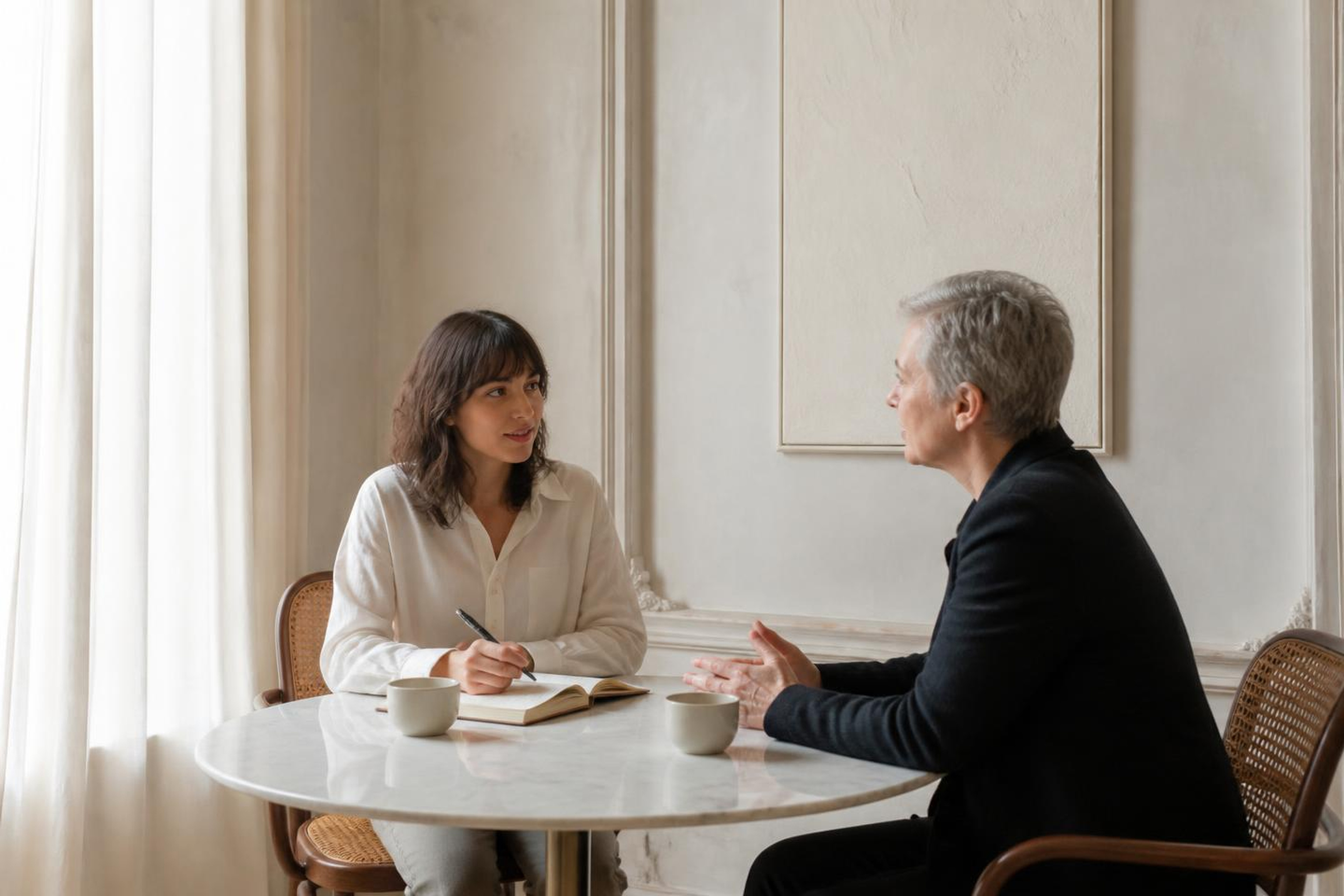 Two people in a quiet private conversation across a small table