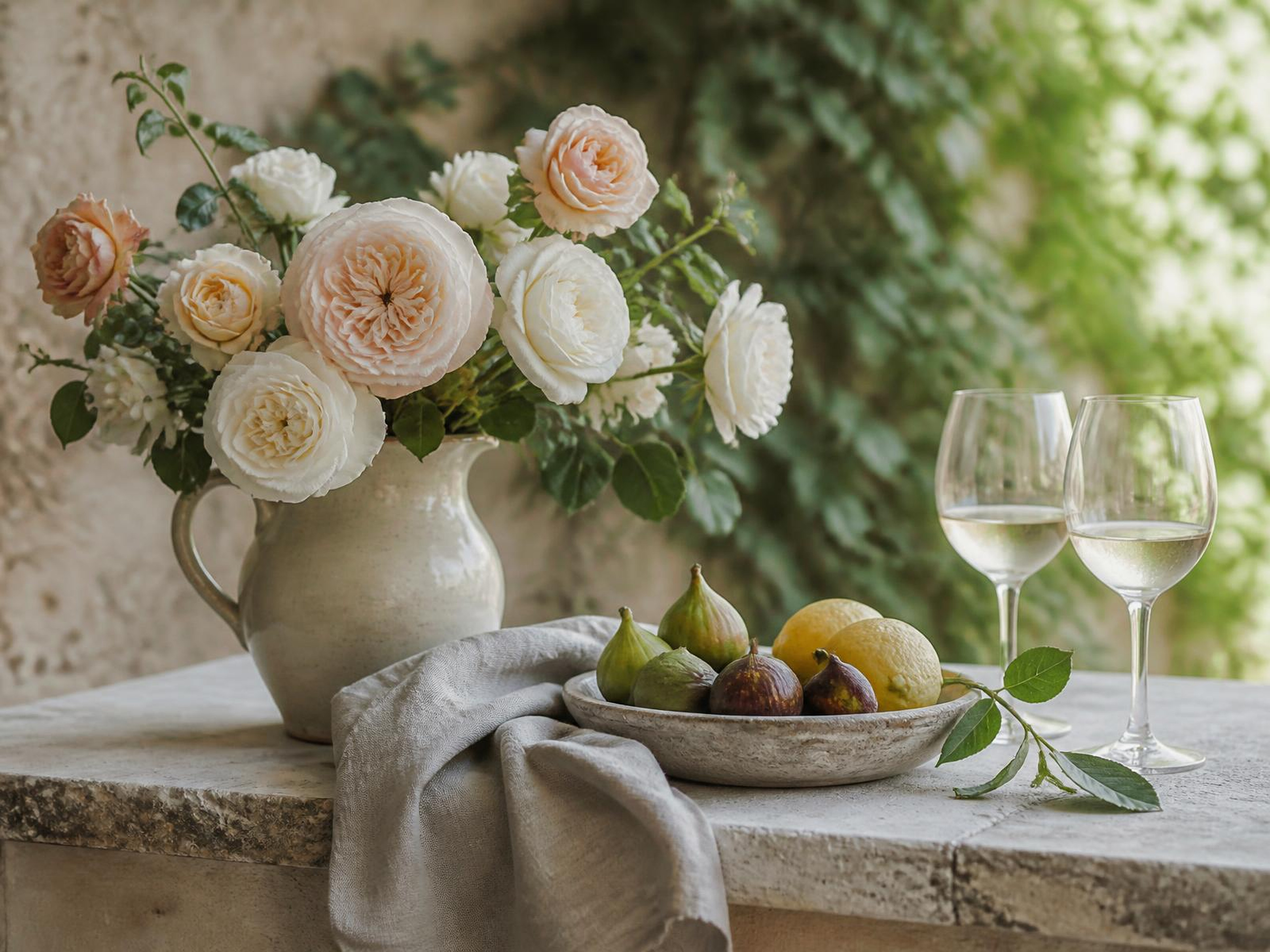 Garden roses, figs and glasses set out on a stone counter in warm light