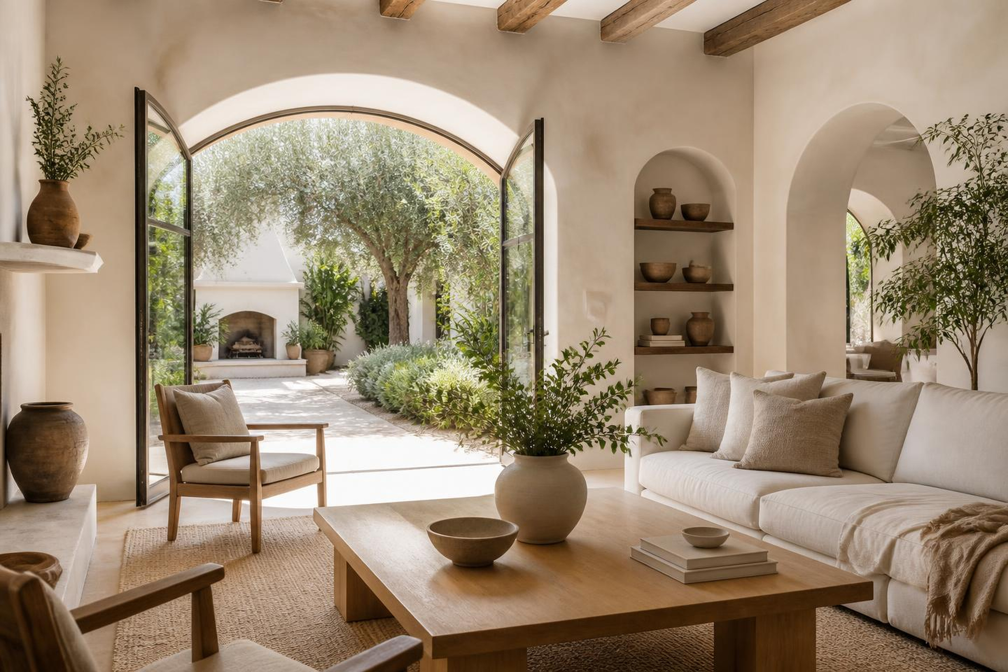 A calm, bright living room opening onto a green courtyard